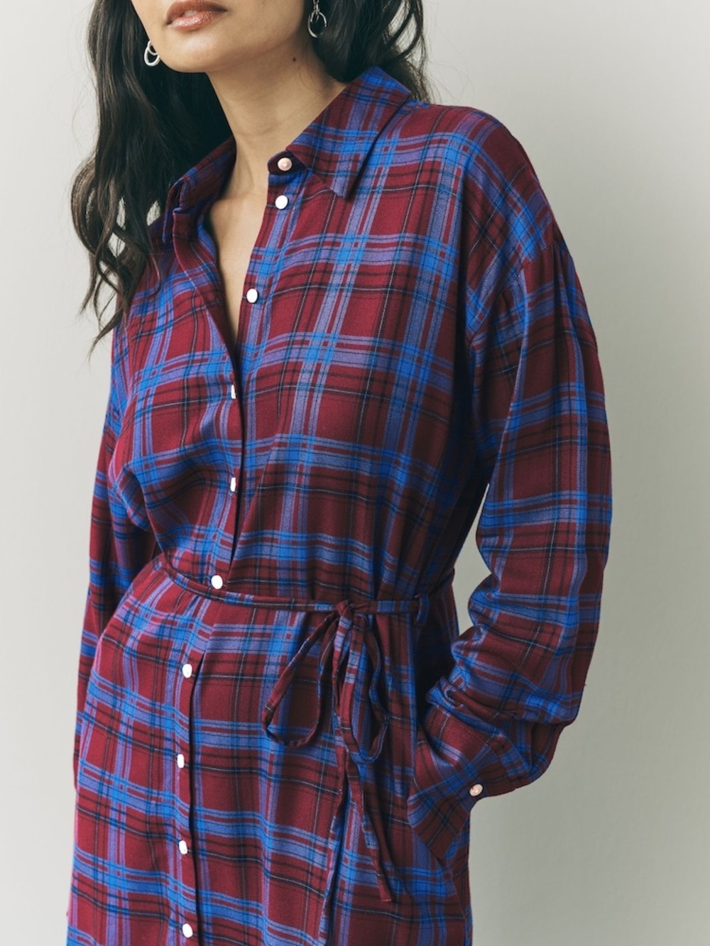 ✨Vintage✨ Plaid Midi Shirt Dress in Burgundy and Blue - size M/L